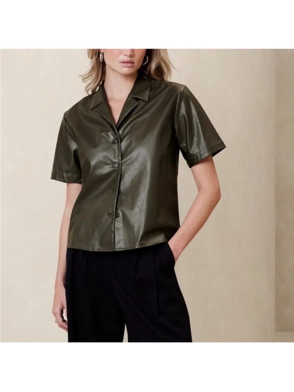 Banana Republic Olive Green Short-Sleeve Faux Leather Button-Down